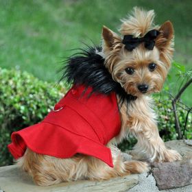 Wool Fur-Trimmed Dog Harness Coat (Color: Red, Size: X-Large)